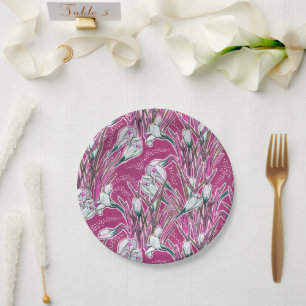 White Crocuses Spring Flower Floral Pattern Purple Paper Plate