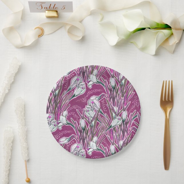 White Crocuses Spring Flower Floral Pattern Purple Paper Plate (Wedding)