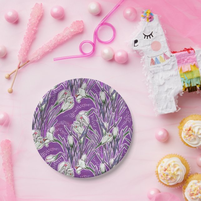 White Crocuses Spring Flower Floral Pattern Purple Paper Plate (Party)