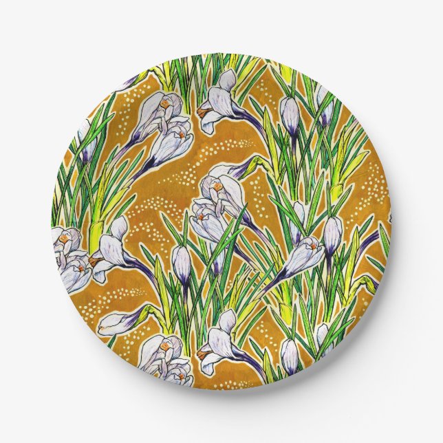 White Crocuses Spring Flower Floral Pattern Yellow Paper Plate (Front)