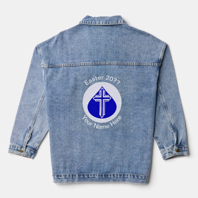 White Cross Blue Teardrop Easter Personalized Denim Jacket (Back)