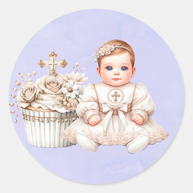 White Cross Cupcake with Girl Baptism  Classic Round Sticker (Front)