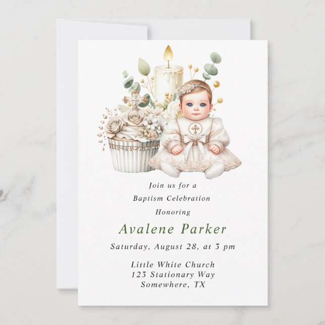White Cross Cupcake with Girl Baptism Invitation (Front)
