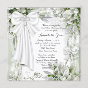 White Cross Floral First Communion Invitation