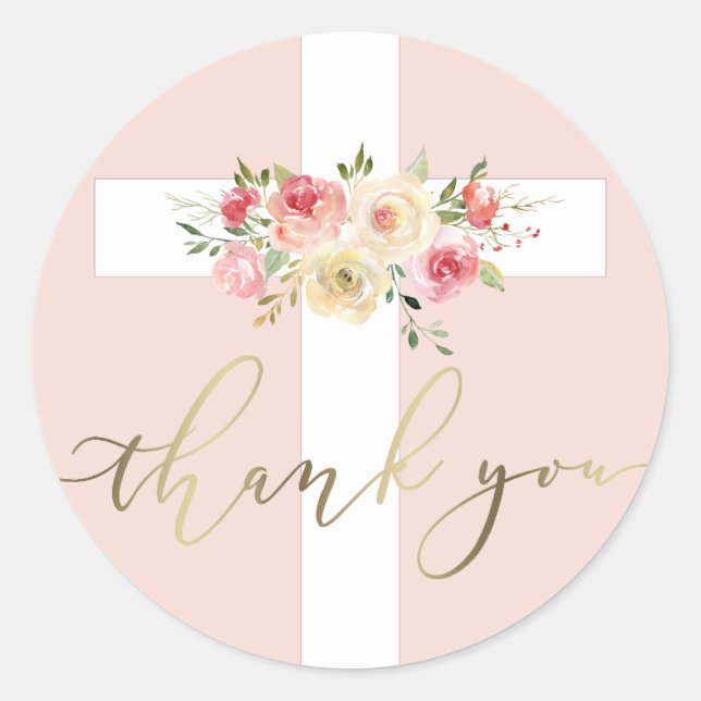 white cross floral Thank You Classic Round Sticker (Front)