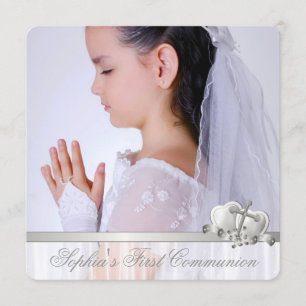 White Cross Girls White Photo First Communion Invitation