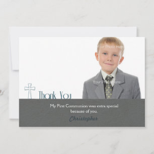 White Cross, Grey,Thank You Communion Photo Thank You Card