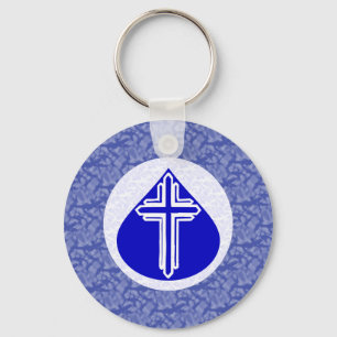 White Cross in Blue Teardrop Blue Background Keychain