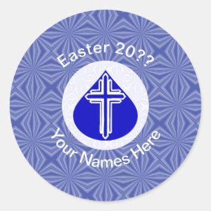White Cross in Blue Teardrop Easter Personalized Classic Round Sticker