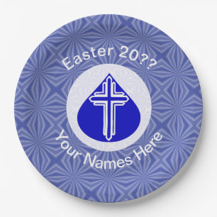 White Cross in Blue Teardrop Easter Personalized  Paper Plate