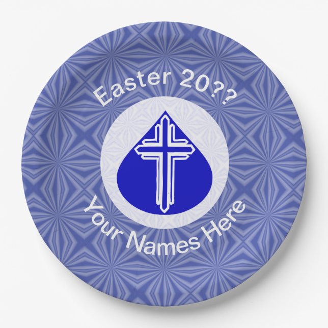 White Cross in Blue Teardrop Easter Personalized  Paper Plate (Front)