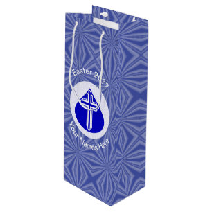 White Cross in Blue Teardrop Easter Personalized Wine Gift Bag