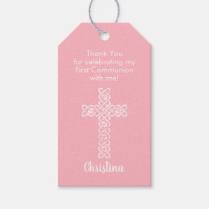 White Cross   Pink Communion Baptism Christening Gift Tags