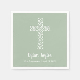 White Cross Sage Green First Communion Religious Napkin