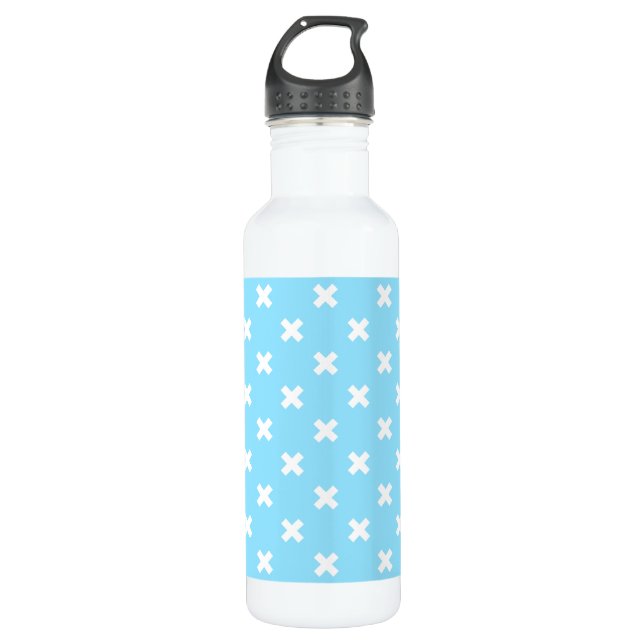 White cross stitches on baby blue 710 ml water bottle (Front)