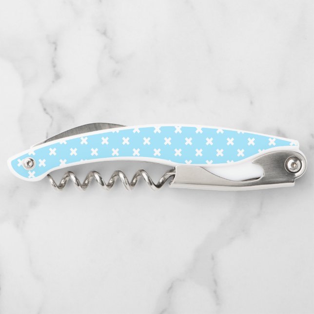 White cross stitches on baby blue corkscrew (Back)