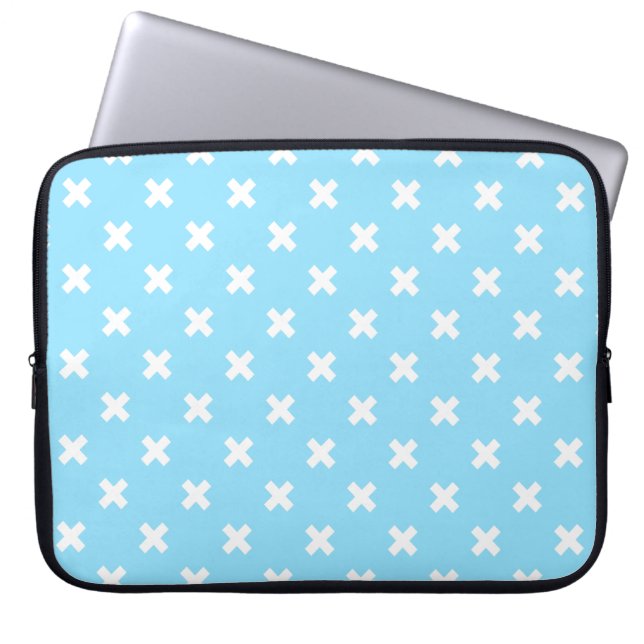 White cross stitches on baby blue laptop sleeve (Front)