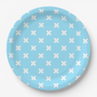 White cross stitches on baby blue paper plate