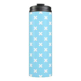 White cross stitches on baby blue thermal tumbler