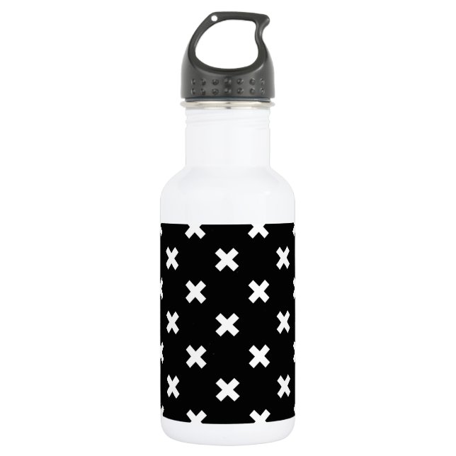 White cross stitches on black 532 ml water bottle (Front)