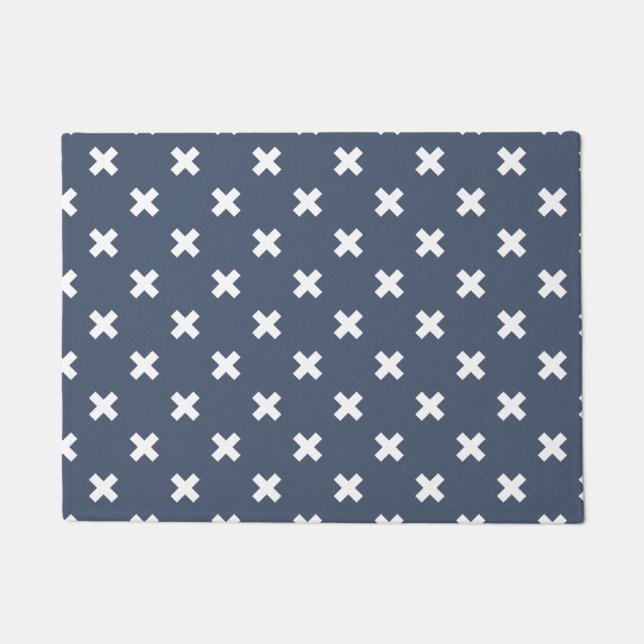 White cross stitches on blue-gray doormat (Front)