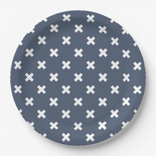 White cross stitches on blue-gray paper plate (Front)