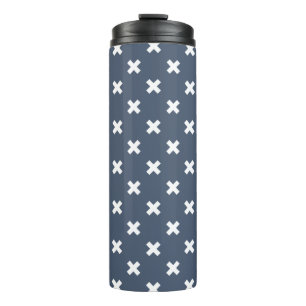 White cross stitches on blue-gray thermal tumbler