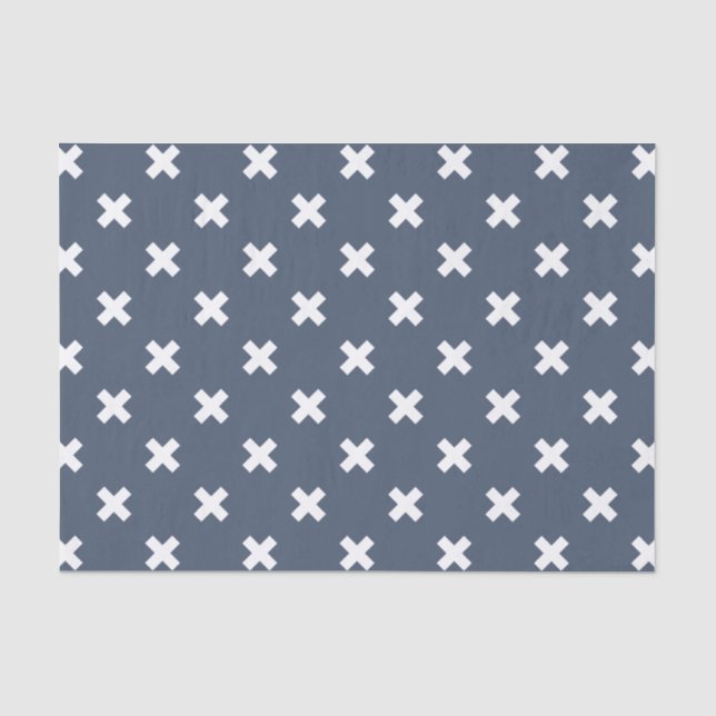 White cross stitches on blue-gray tissue paper (Front)