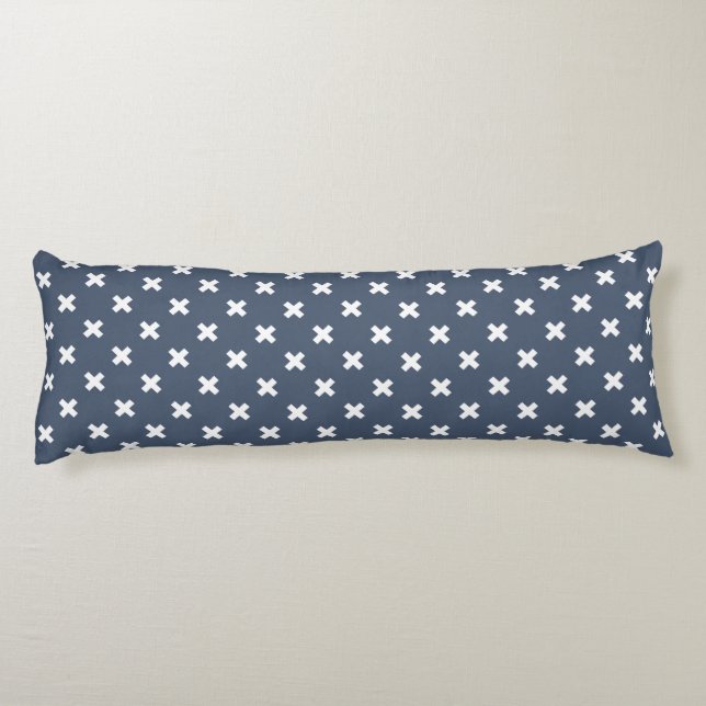 White cross stitches on blue-grey body pillow (Back)