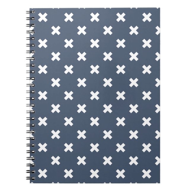 White cross stitches on blue-grey notebook (Front)
