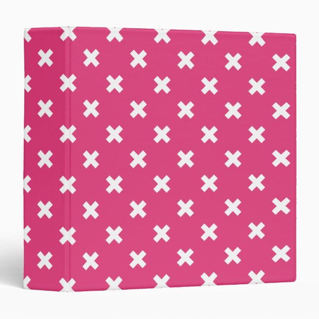 White cross stitches on fuchsia binder (Front/Spine)