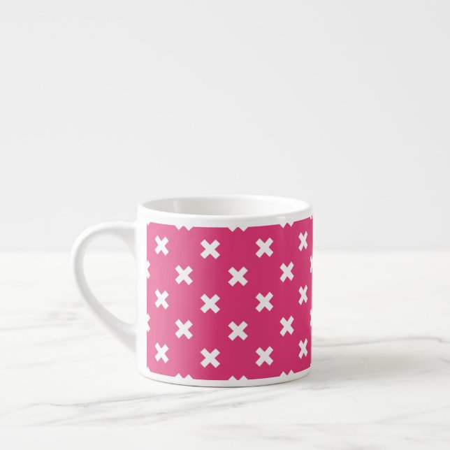 White cross stitches on fuchsia espresso cup (Left)