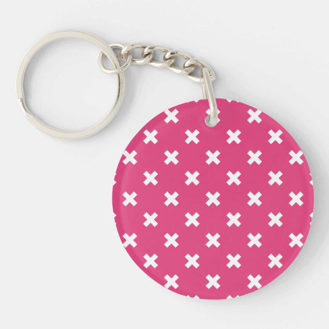 White cross stitches on fuchsia keychain (Front)