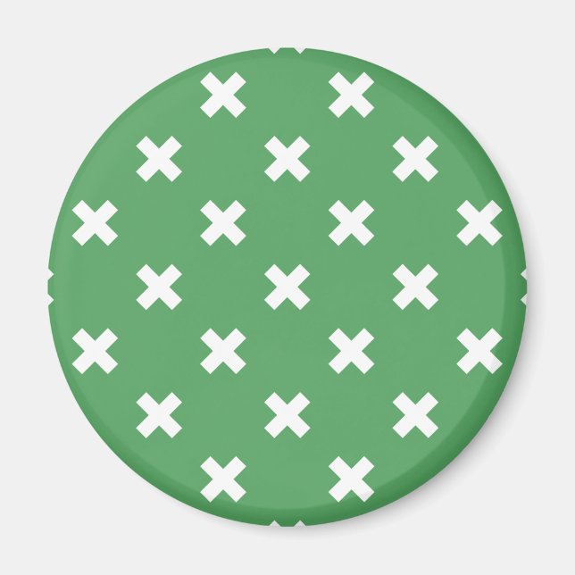 White cross stitches on green magnet (Front)