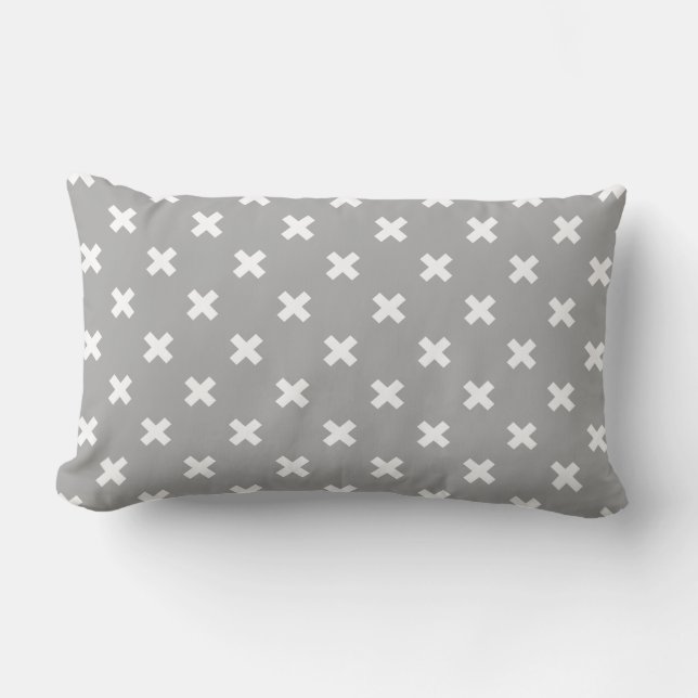 White cross stitches on grey lumbar pillow (Front)