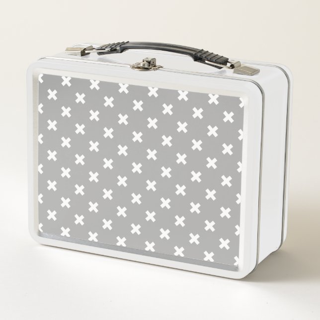 White cross stitches on grey metal lunch box (Front)