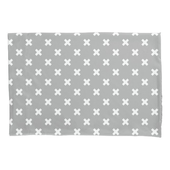 White cross stitches on grey pillowcase (Front)