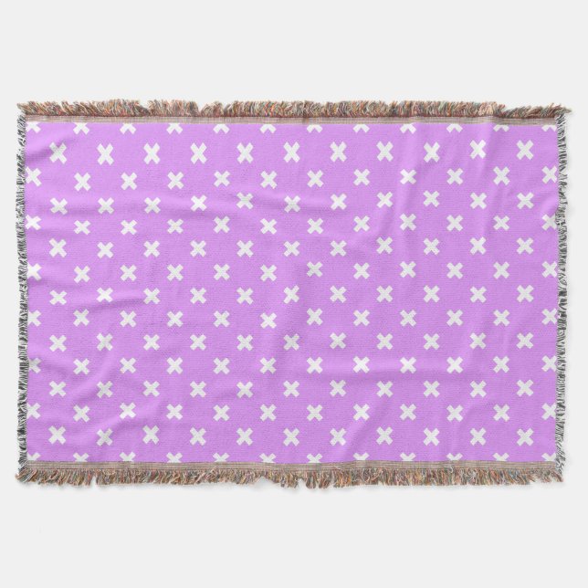 White cross stitches on lilac throw blanket (Front)
