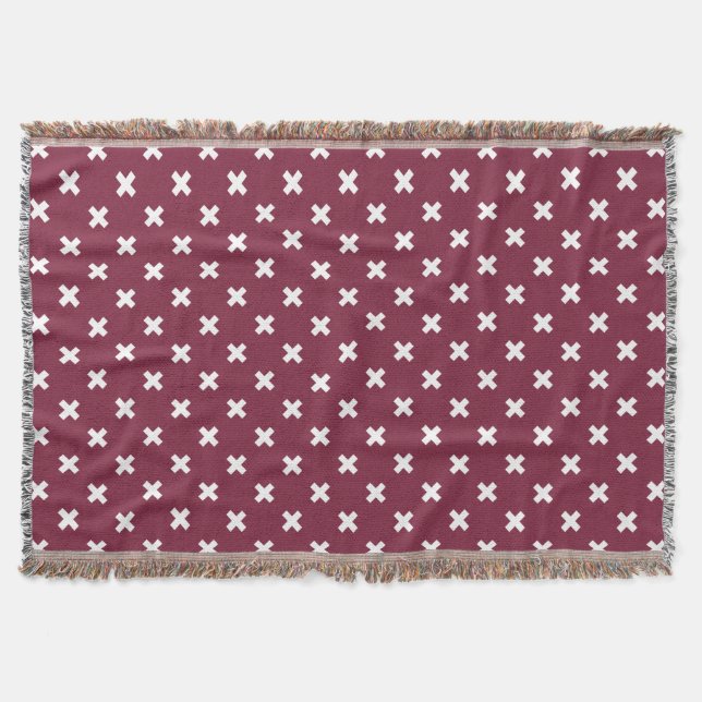 White cross stitches on mulberry throw blanket (Front)
