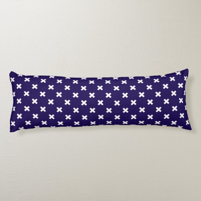 White cross stitches on navy blue body pillow (Back)