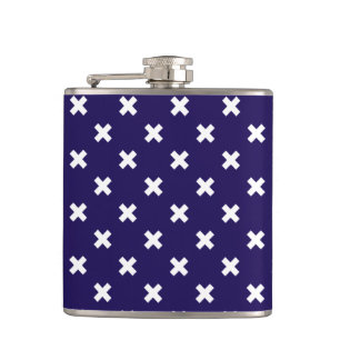 White cross stitches on navy blue hip flask