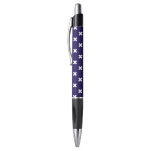White cross stitches on navy blue pen