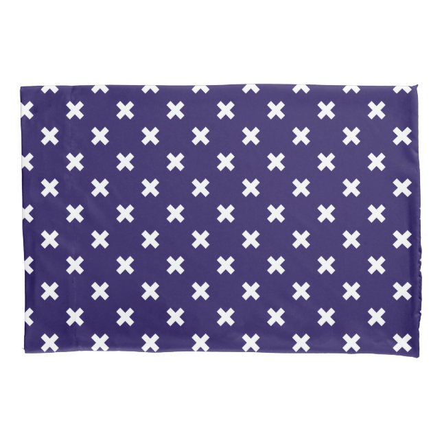 White cross stitches on navy blue pillowcase (Front)