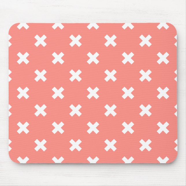 White cross stitches on peach mouse pad (Front)