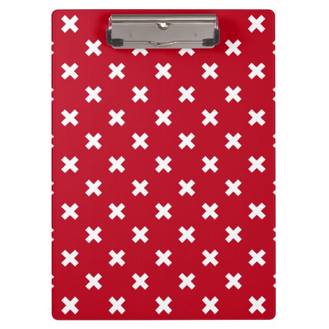 White cross stitches on red clipboard (Front)