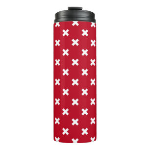 White cross stitches on red thermal tumbler