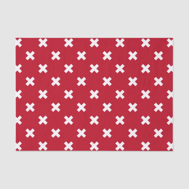 White cross stitches on red tissue paper (Front)
