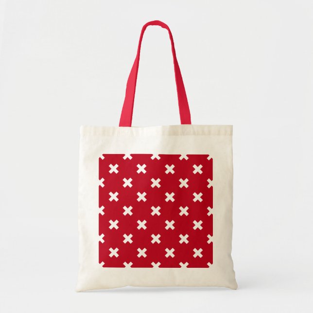 White cross stitches on red tote bag (Front)