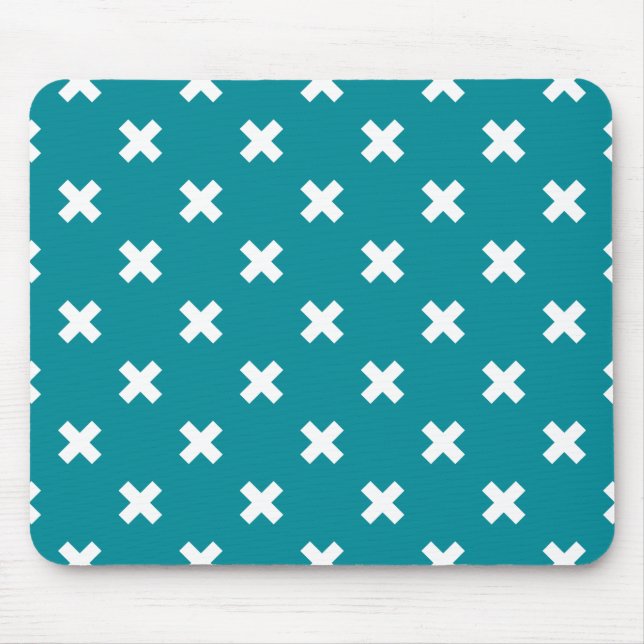White cross stitches on teal mouse pad (Front)