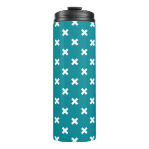 White cross stitches on teal thermal tumbler